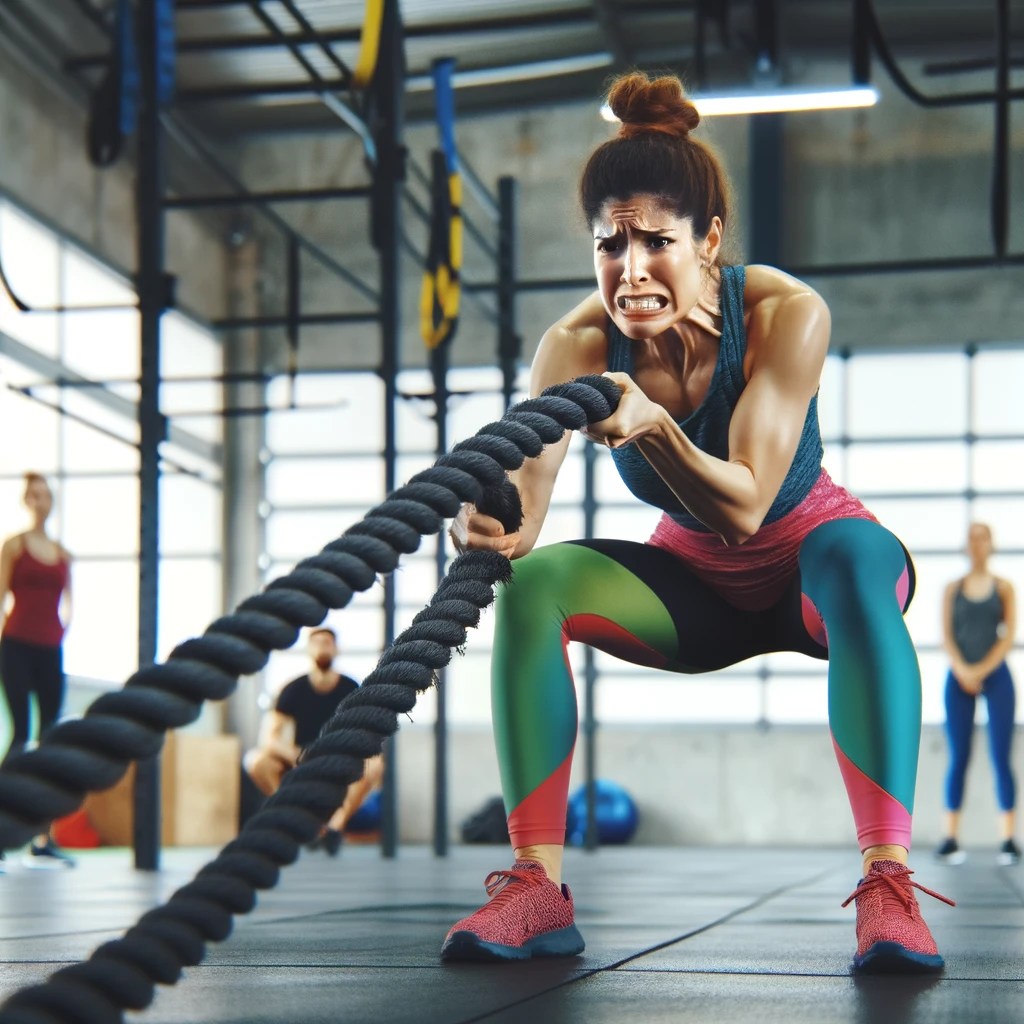 Humourous image of a woman trying very hard at the exercise battle ropes