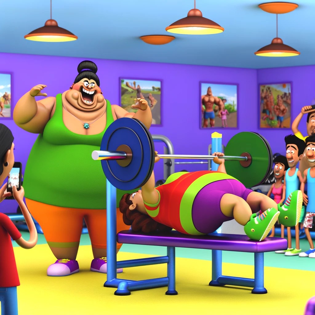 Cartoon image of an exercise instructor encouraging a woman on a bench press