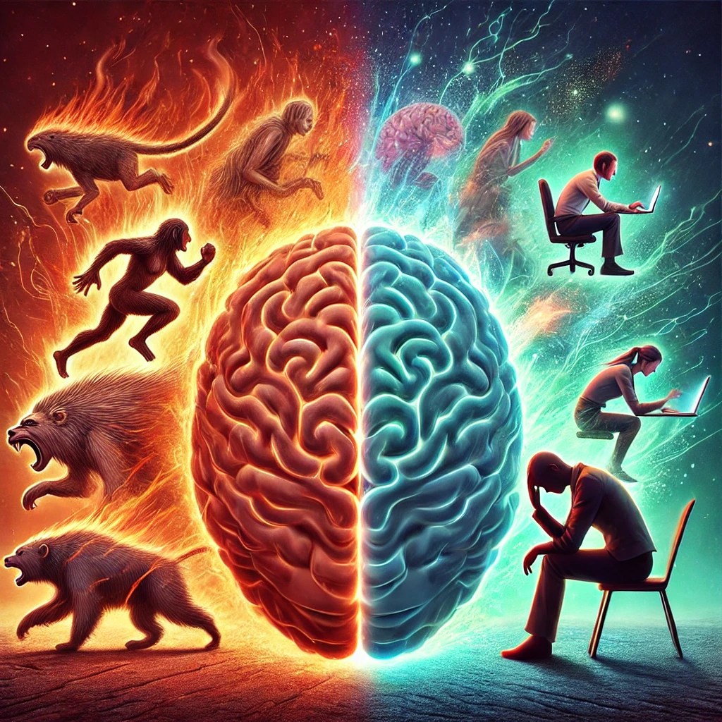 conceptual illustration of the human brain, showing the blend of ancient survival mechanisms with modern-day challenges