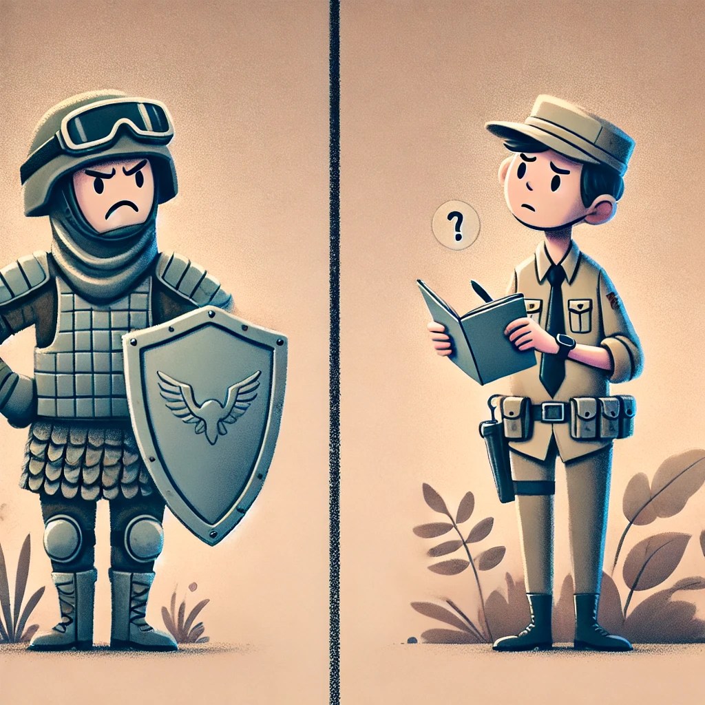 cartoon-style illustration of the soldier being defensive and the scout being proactive in response to a setback