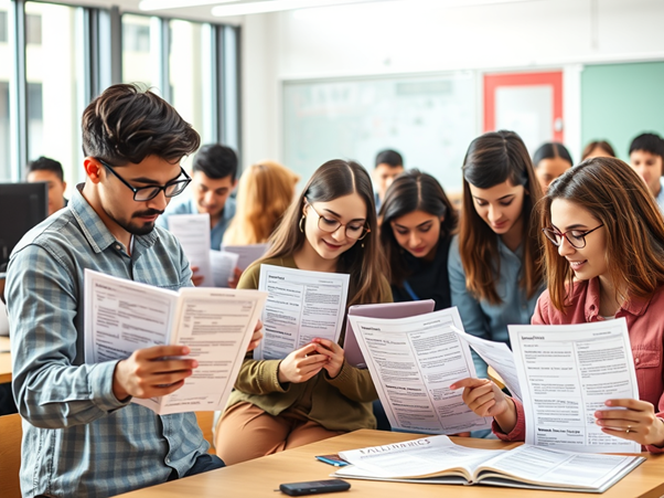 Higher education students reading an assignment