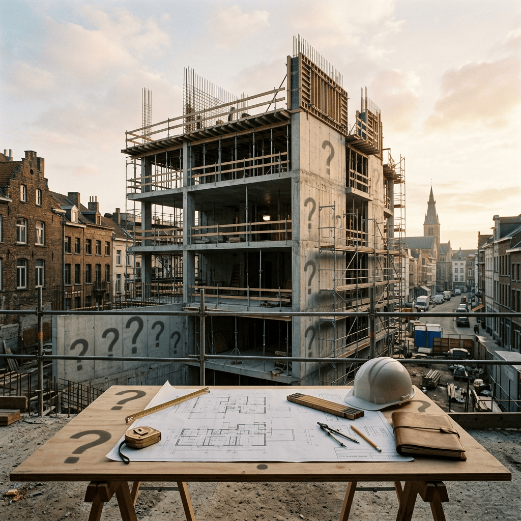 Architectural plans and hard hat overlooking an urban construction site