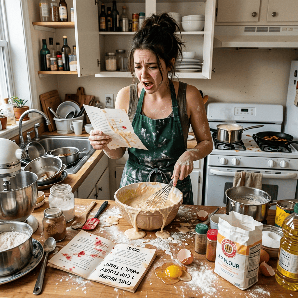 Baker reads a stained recipe amid spilled flour and ingredients